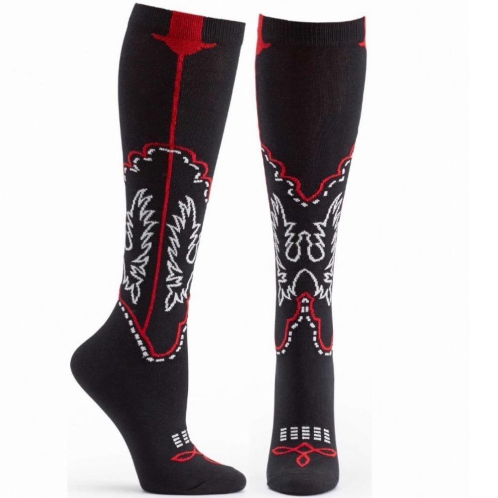 Ozone Design Cowboy Boots Knee High Socks Black Red Western Graphic W834 NWT